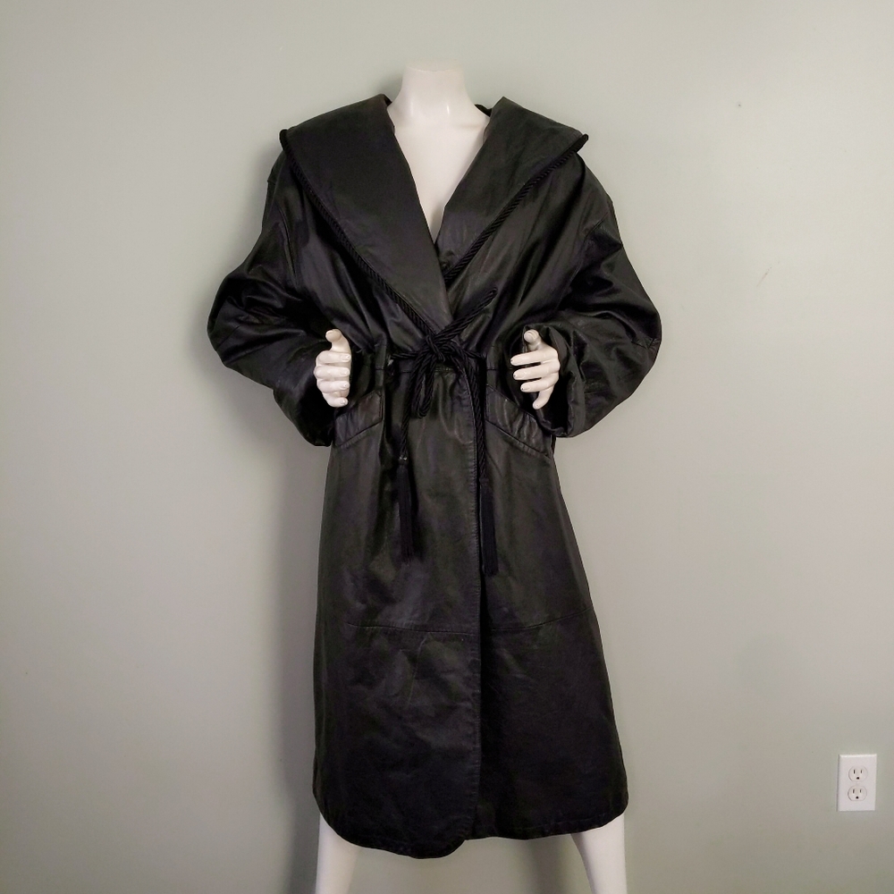 Vtg 80s John Weitz Shawl Shoulder Rope Belted Leather Coat L